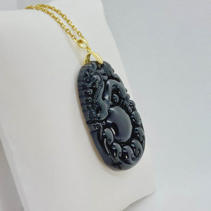 Natural Obsidian Dragon Pendant - Stainless Steel Gold Plated Chain Necklace