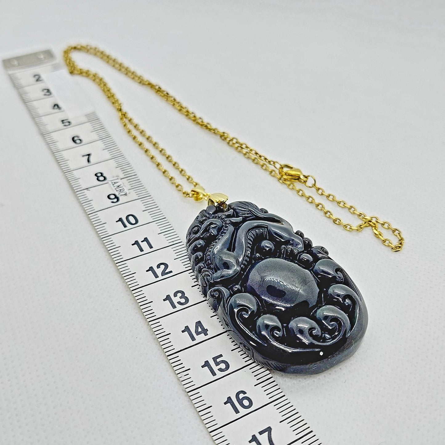 Natural Obsidian Dragon Pendant - Stainless Steel Gold Plated Chain Necklace