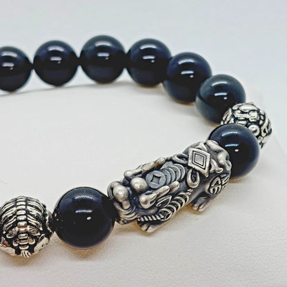 Natural Obsidian Feng Shui Bracelet - Silver Pixiu - 12mm