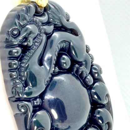 Natural Obsidian Dragon Pendant - Stainless Steel Gold Plated Chain Necklace