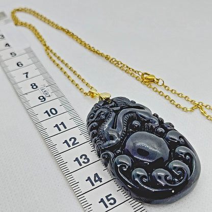 Natural Obsidian Dragon Pendant - Stainless Steel Gold Plated Chain Necklace