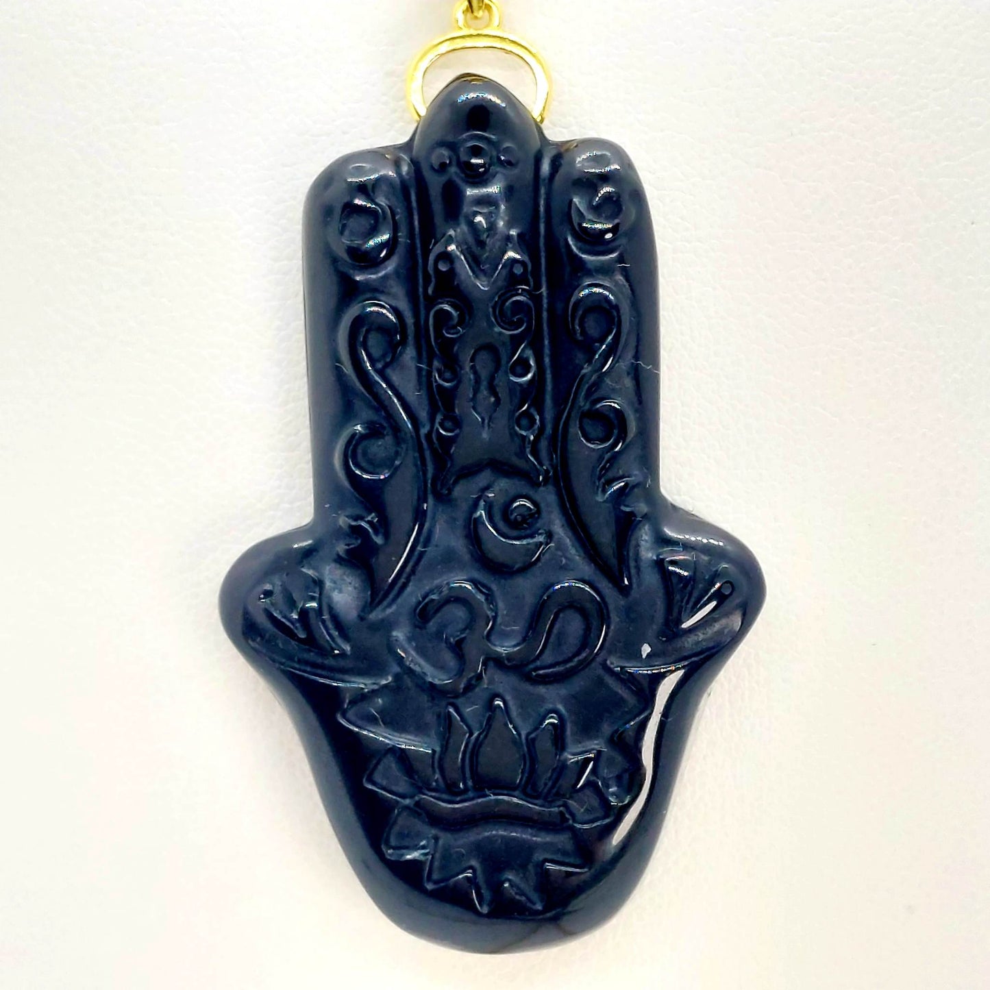 Natural Obsidian Hand of Fatima Pendant - Stainless Steel Gold Plated Chain Necklace
