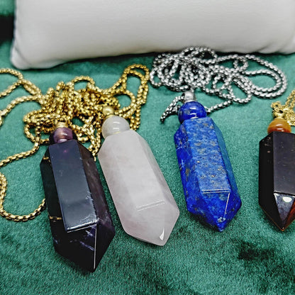 Natural Tiger Eye Perfume/Holy Water Bottle Pendant - Stainless Steel Chain Necklace