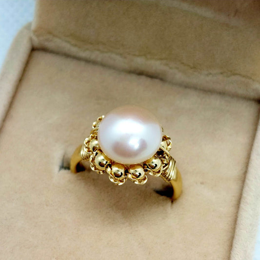 Natural Peach Pearl Ring - Solid 10K Gold