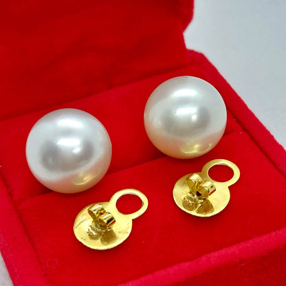 Natural South Sea Pearl Earrings - 14mm - Solid 14K Gold