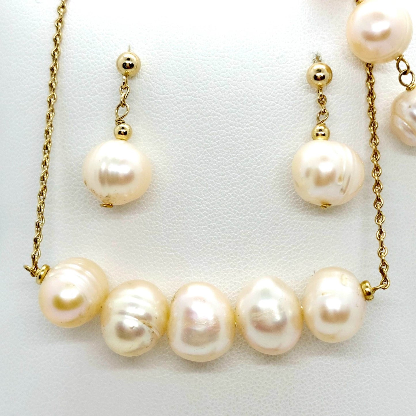 Natural Peach Pearl Jewelry Set - Solid 10K Gold