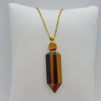 Natural Tiger Eye Perfume/Holy Water Bottle Pendant - Stainless Steel Chain Necklace