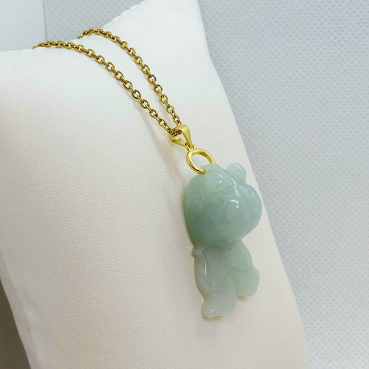 Natural Burmese Jade Fish Pendant - Stainless Steel Gold Plated Chain Necklace