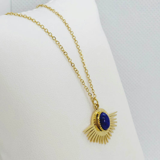 Natural Lapis Stone Pendant Necklace - Stainless Steel Gold Plated