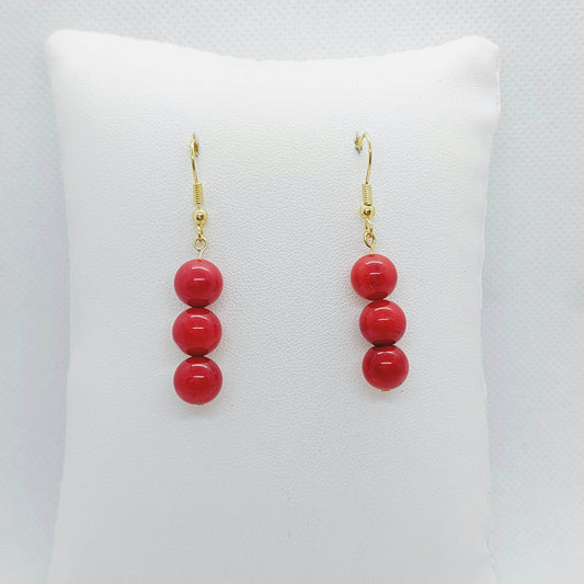 Natural Coral Dyed Red Dangle Earrings with 8mm Stones in Stainless Steel Gold Plated
