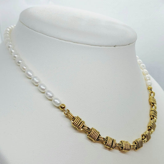Natural Rice Pearls Necklace with Stainless Steel Gold Plated