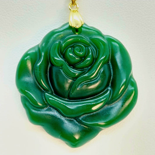 Natural Chinese Jade Rose Pendant with Stainless Steel Chain Necklace