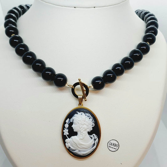 Natural Black Onyx Necklace and Cameo Pendant with 12mm Stones