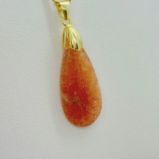 Natural Sunstone Pendant - Stainless Steel Chain Necklace