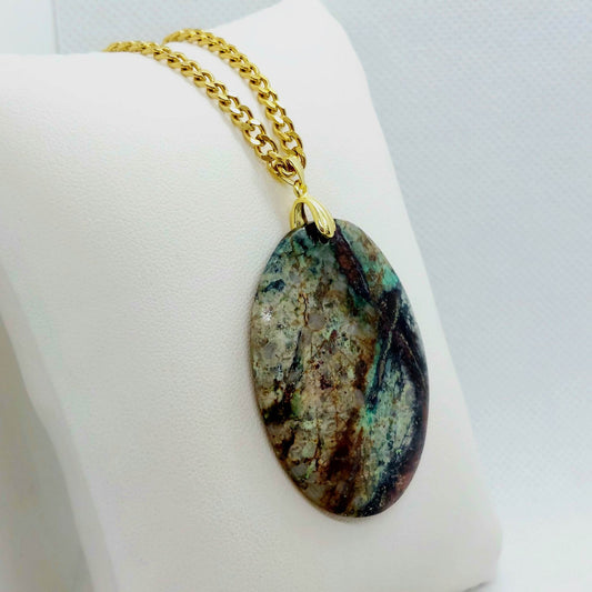 Natural Chrysocolla Pendant - Stainless Steel Chain Necklace