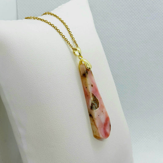 Natural Pink Opal Pendant - Stainless Steel Chain Necklace