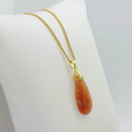 Natural Sunstone Pendant - Stainless Steel Chain Necklace