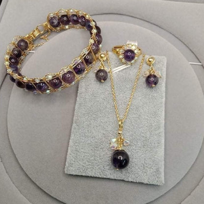 Natural Amethyst & Swarovski Crystals Jewelry Set - 10K Gold